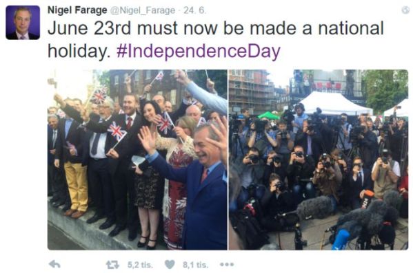 Předseda Strany nezávislosti Spojeného království Nigel Paul Farage tweetuje